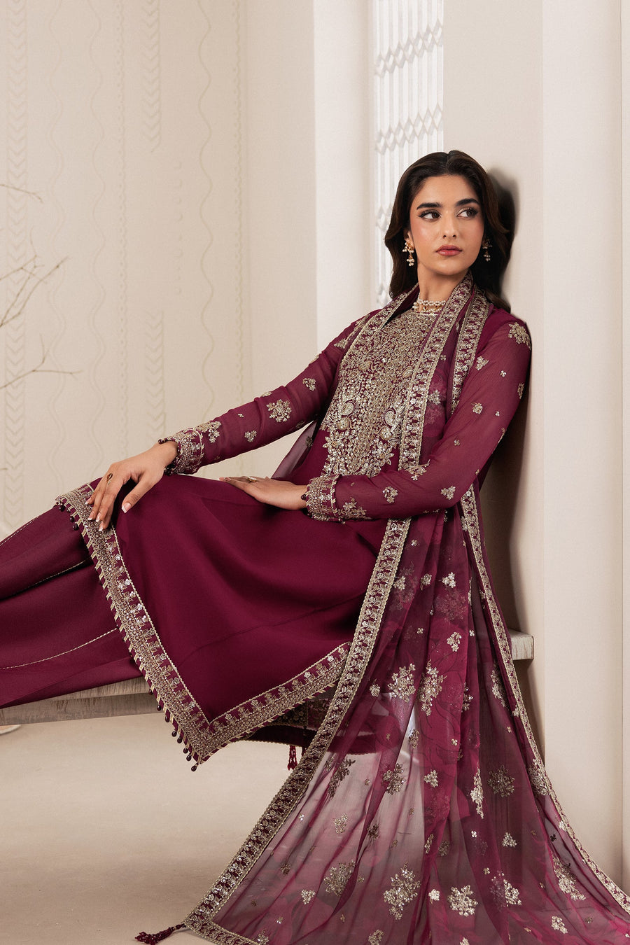 Plum Sequins Embroidered Chiffon Sharara Suit with Chiffon Dupatta