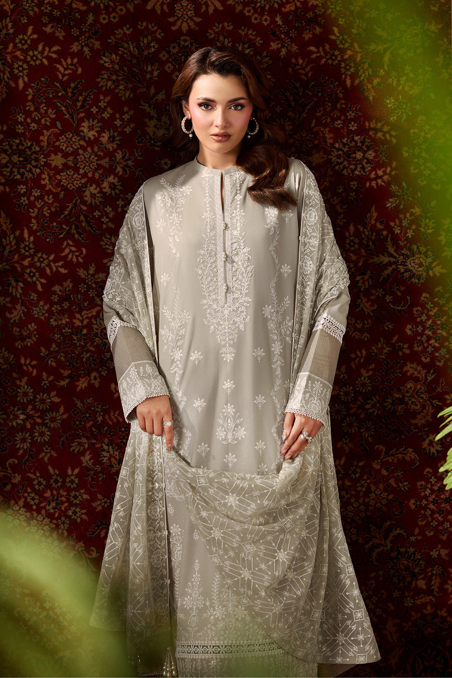 Sage Harmony – Embroidered Taupe Grey Lawn 3-Piece Festive Suit - Pehnaawaa