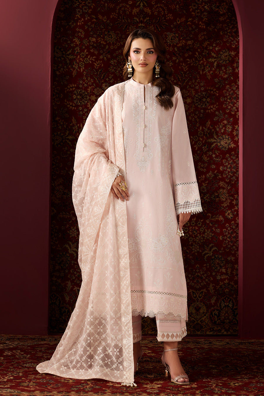 Full front angle showing detailed embroidery and buttoned neckline on lawn suit