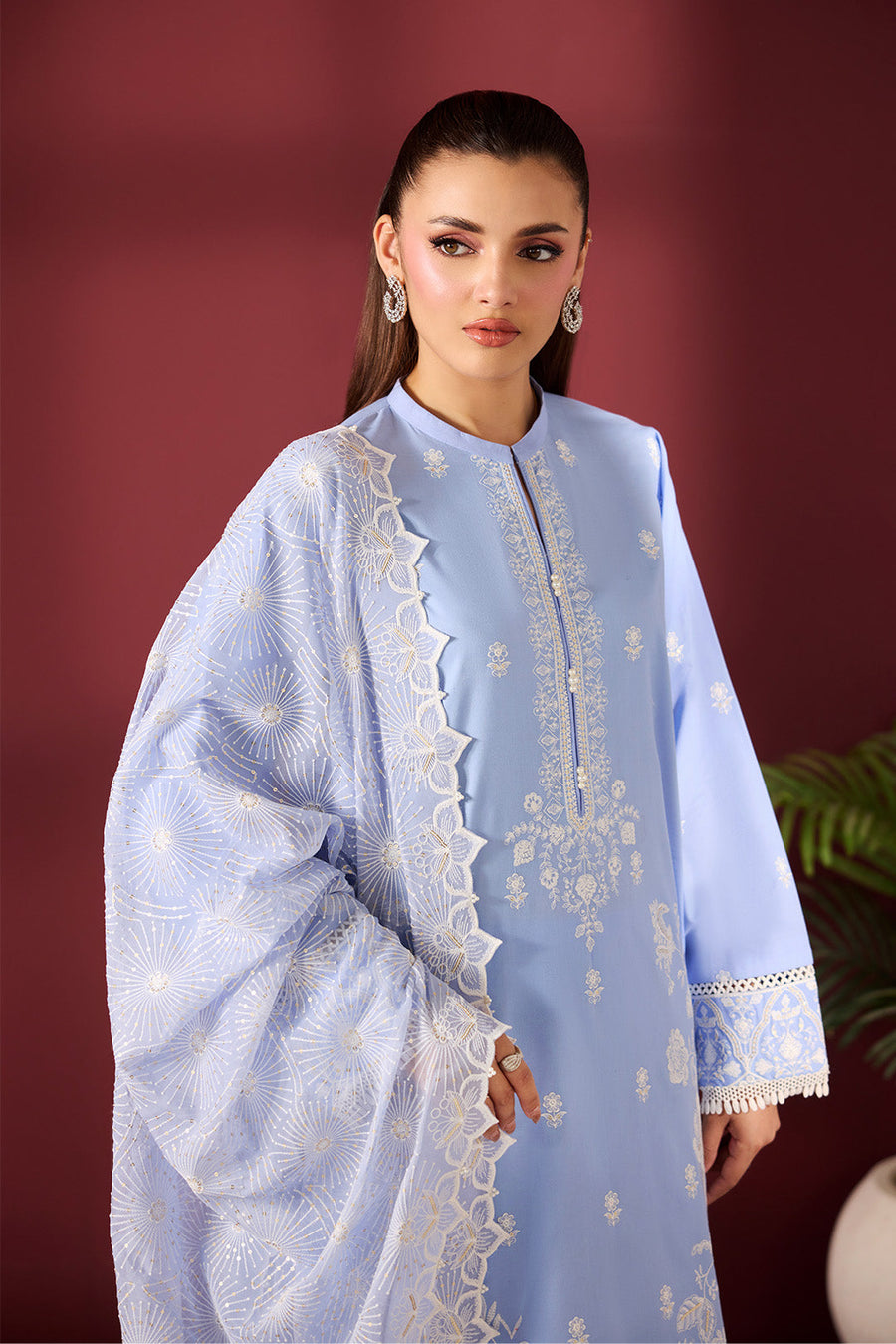 Sky Serenade – Embroidered Periwinkle Blue Lawn 3-Piece Festive Suit - Pehnaawaa