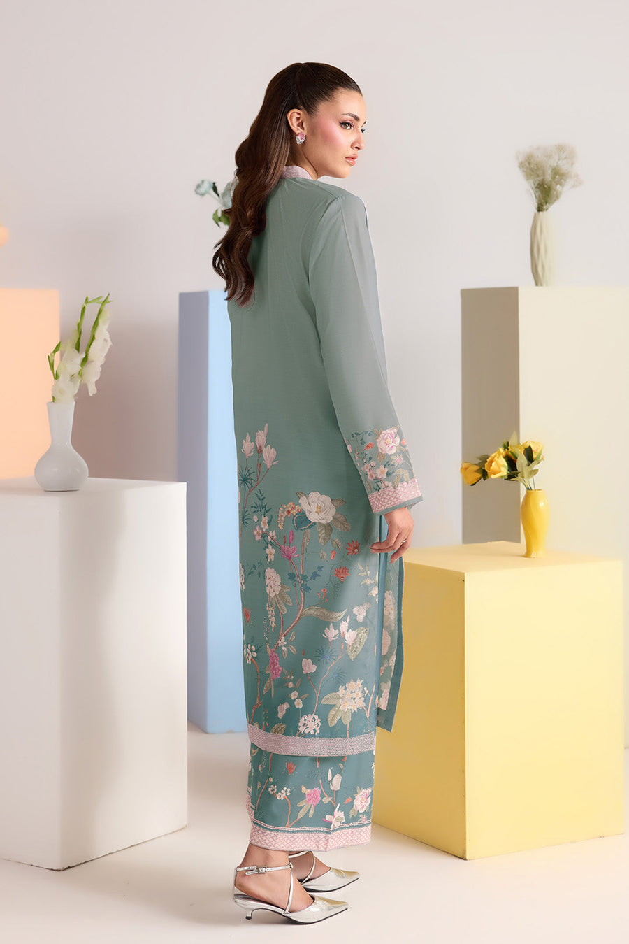 Sage Green Floral Printed Poly Lawn Co-Ord Set with Wide-Leg Trousers