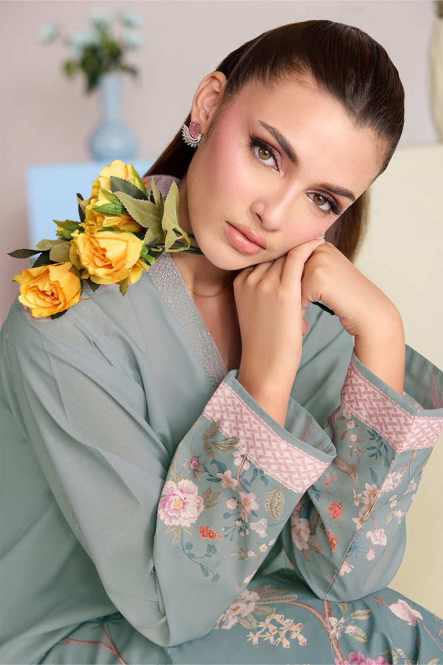 Sage Green Floral Printed Poly Lawn Co-Ord Set with Wide-Leg Trousers