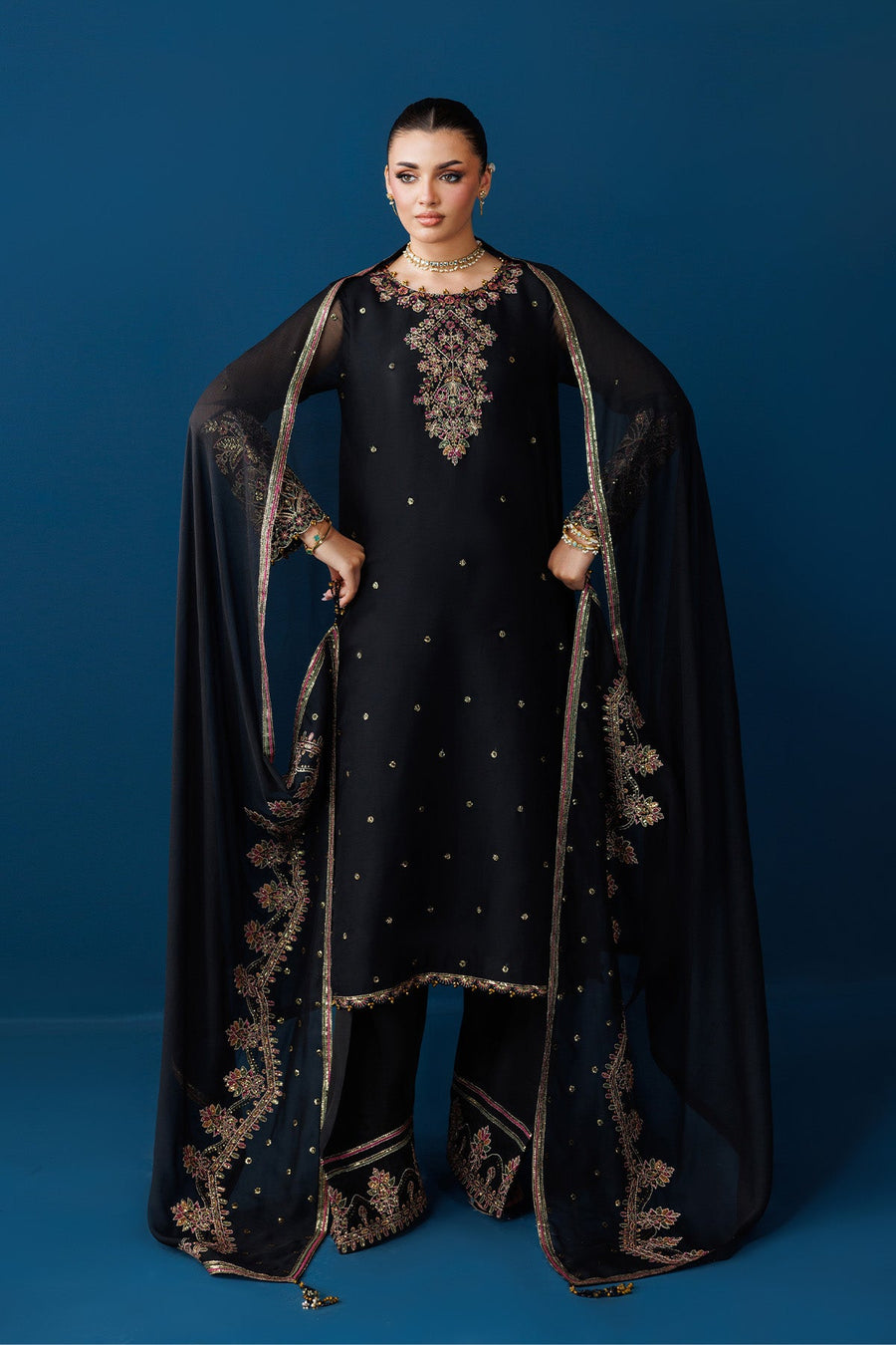 Close-up of embroidered details on the suit and dupatta border