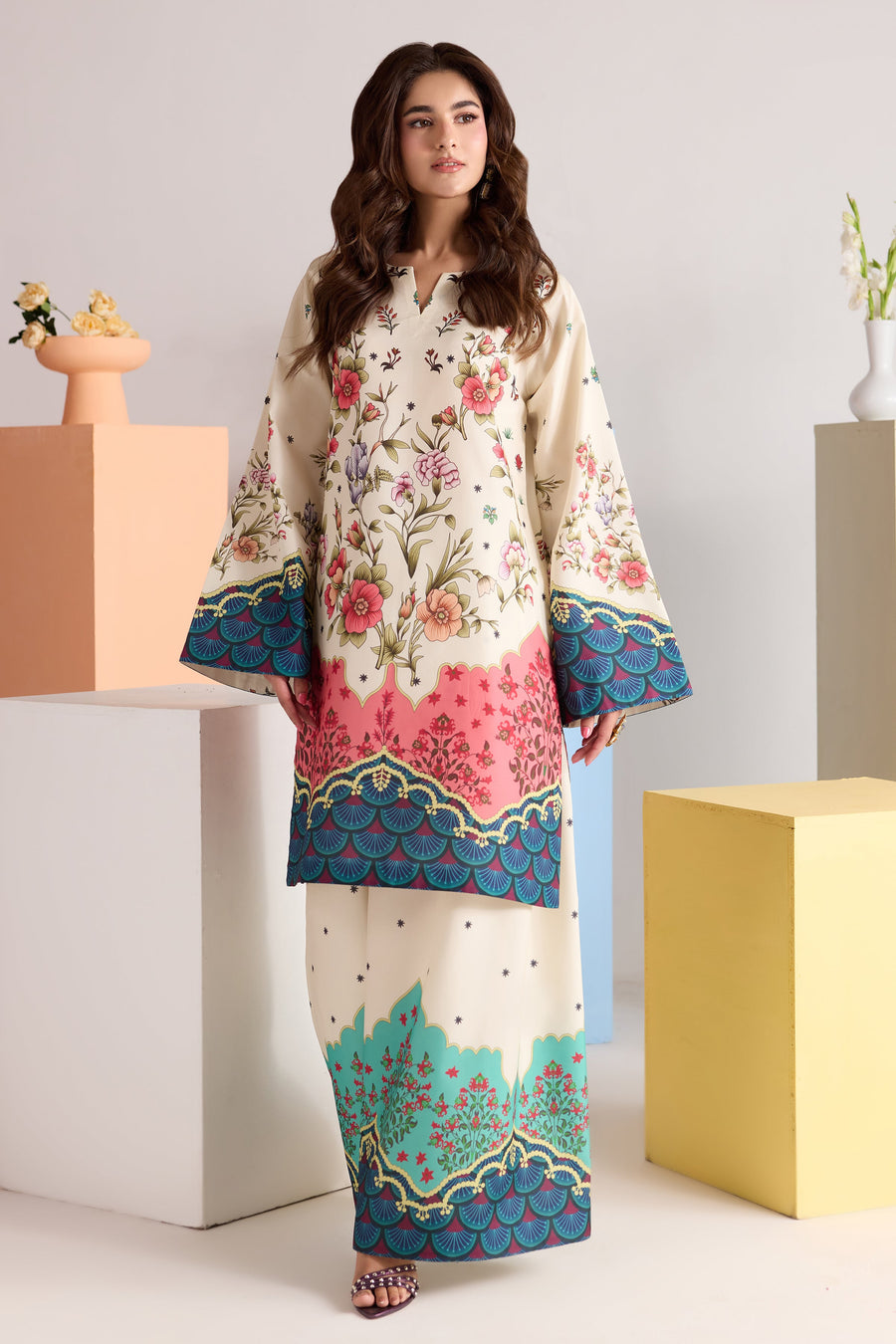 Ivory Multicolour Floral Printed Poly Lawn Co-Ord Set with Wide-Leg Trousers