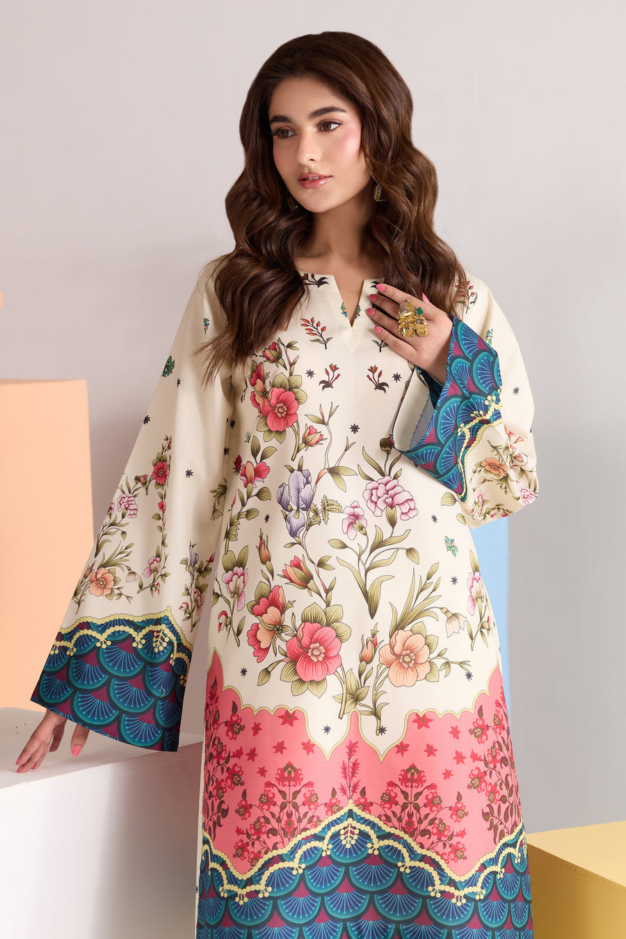 Ivory Multicolour Floral Printed Poly Lawn Co-Ord Set with Wide-Leg Trousers