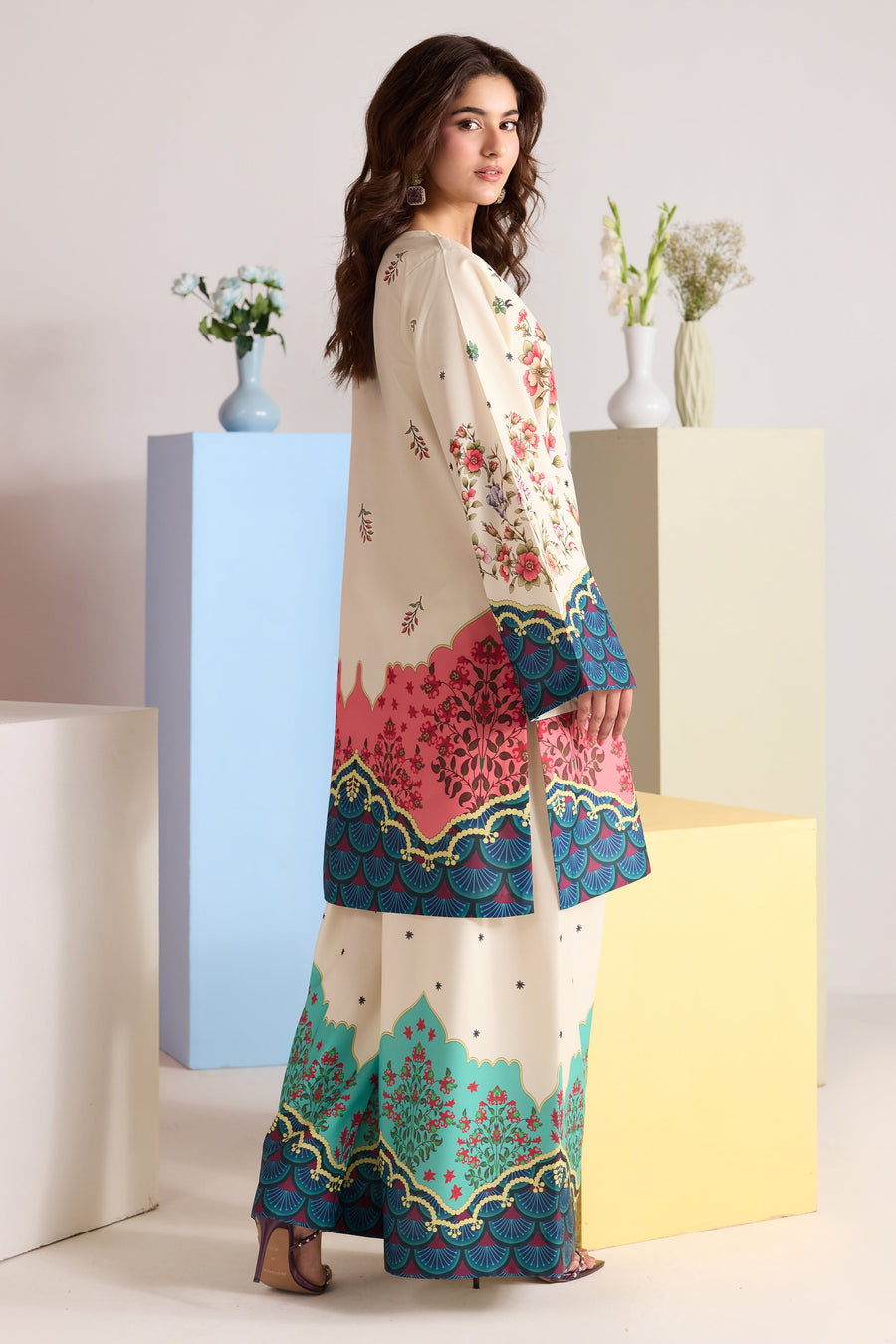 Ivory Multicolour Floral Printed Poly Lawn Co-Ord Set with Wide-Leg Trousers