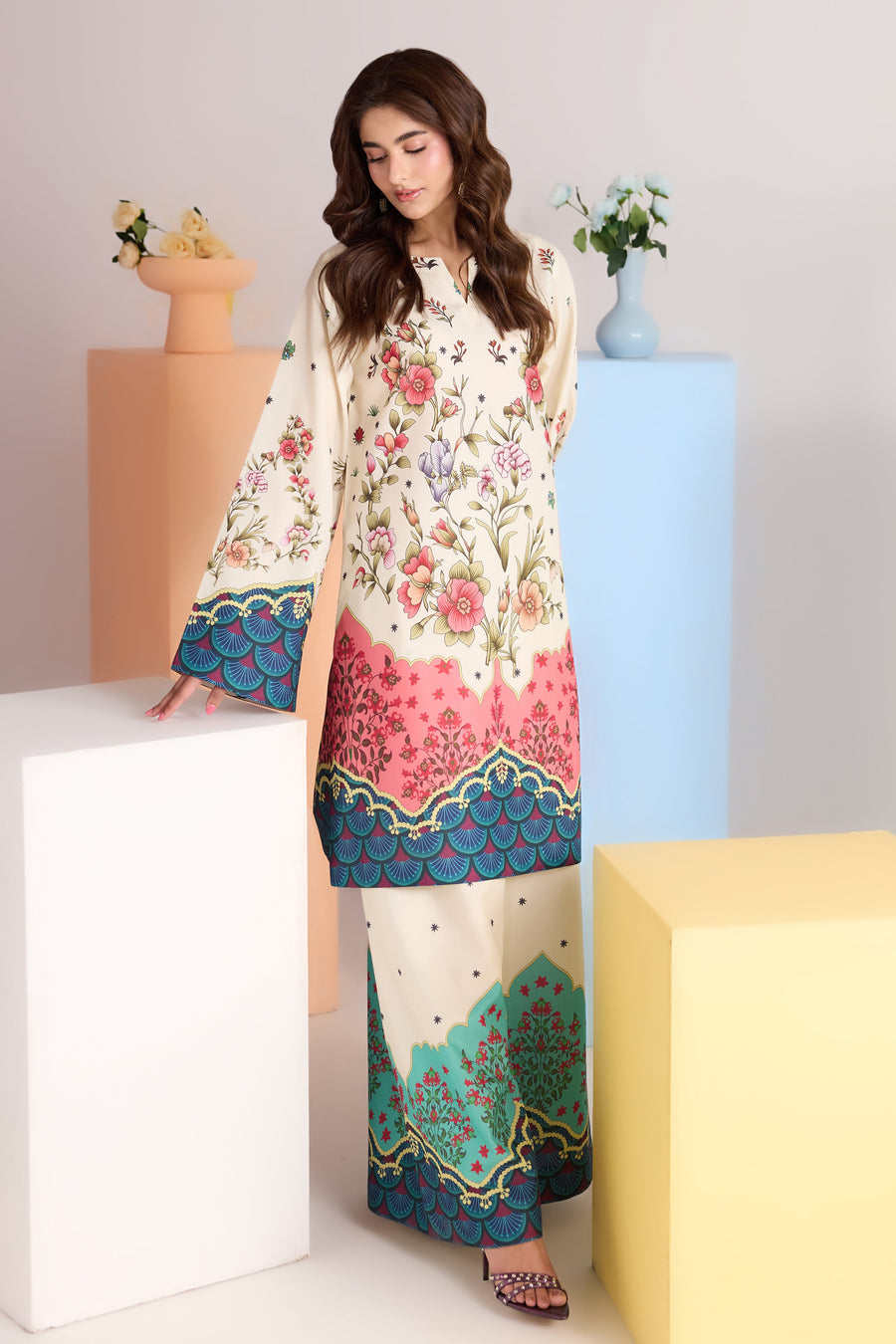 Ivory Multicolour Floral Printed Poly Lawn Co-Ord Set with Wide-Leg Trousers
