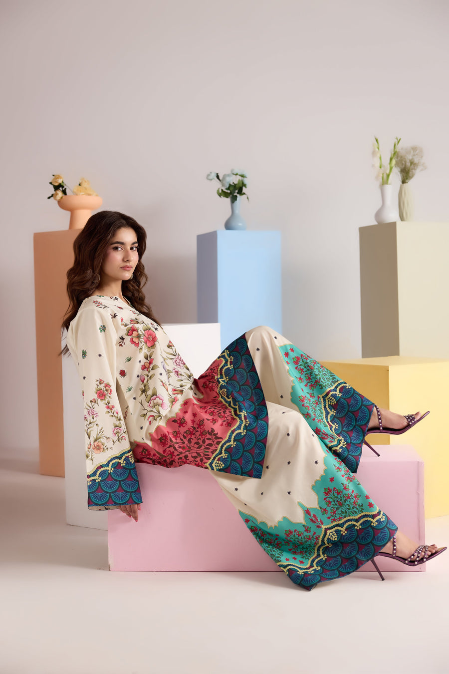 Ivory Multicolour Floral Printed Poly Lawn Co-Ord Set with Wide-Leg Trousers