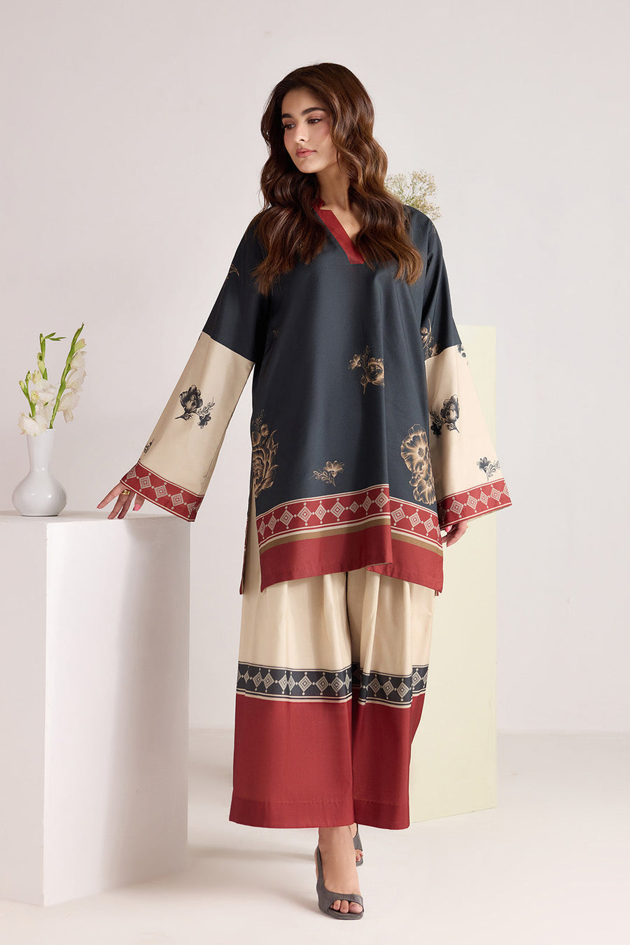 Black and Beige Printed Lawn Co-Ord Set with Wide-Leg Trousers