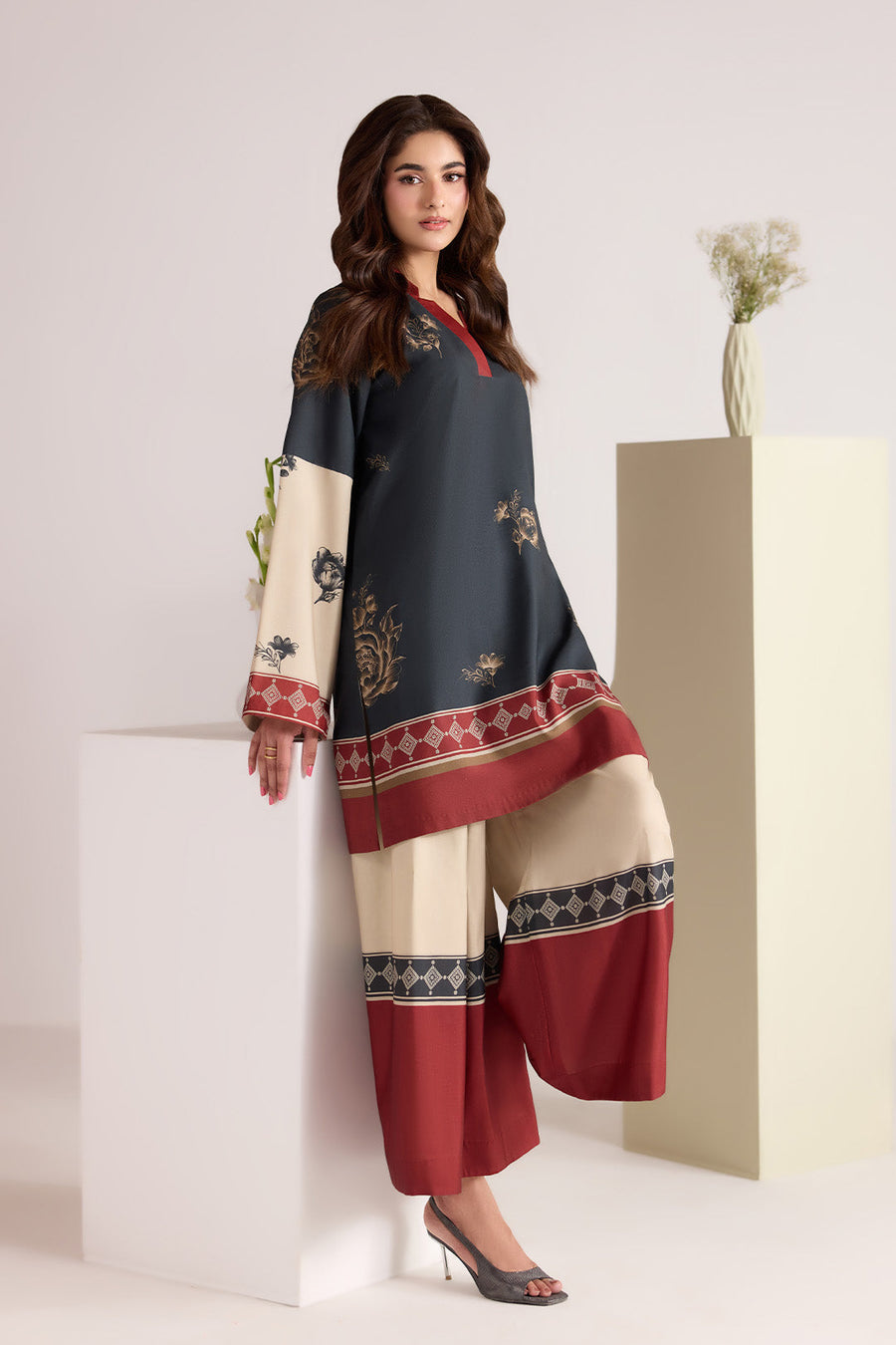 Black and Beige Printed Lawn Co-Ord Set with Wide-Leg Trousers