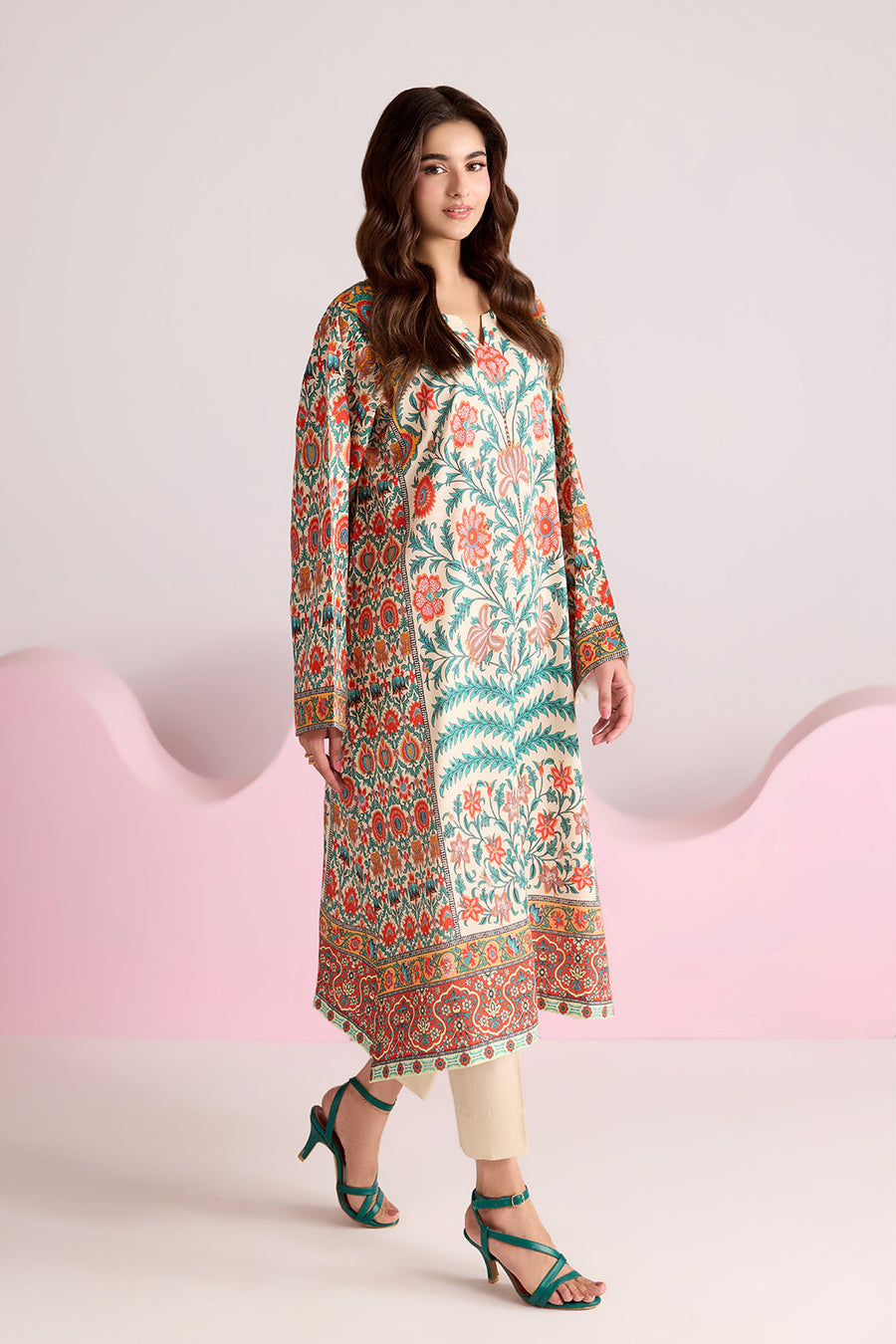 Ivory Multicolour Floral Printed Poly Lawn Suit with Plain Trousers