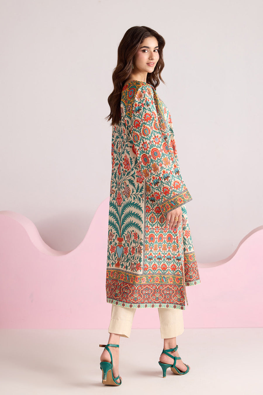 Ivory Multicolour Floral Printed Poly Lawn Suit with Plain Trousers