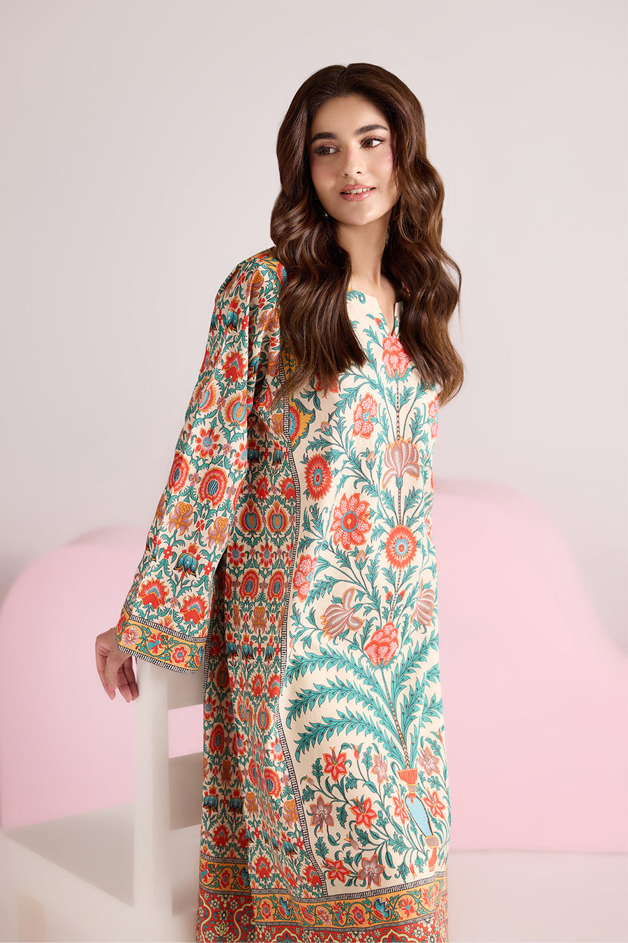 Ivory Multicolour Floral Printed Poly Lawn Suit with Plain Trousers