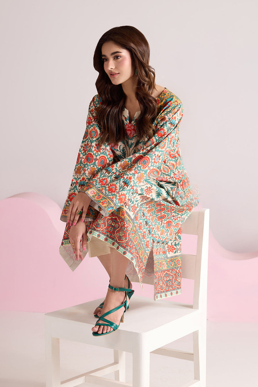 Ivory Multicolour Floral Printed Poly Lawn Suit with Plain Trousers