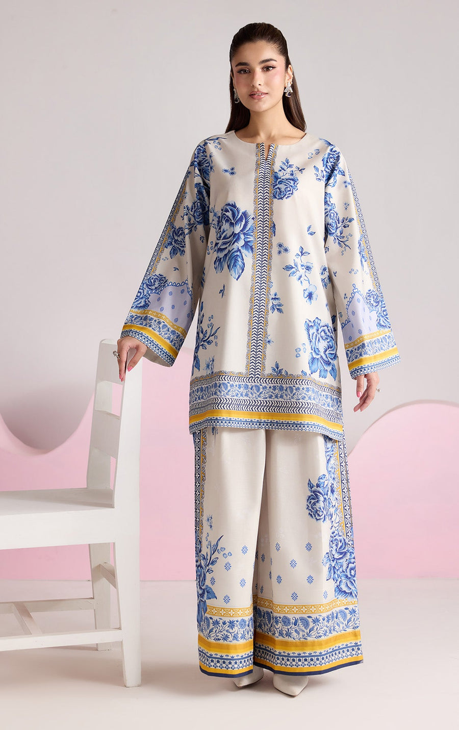 Ivory Blue Floral Printed Poly Lawn Co-Ord Set with Wide-Leg Trousers