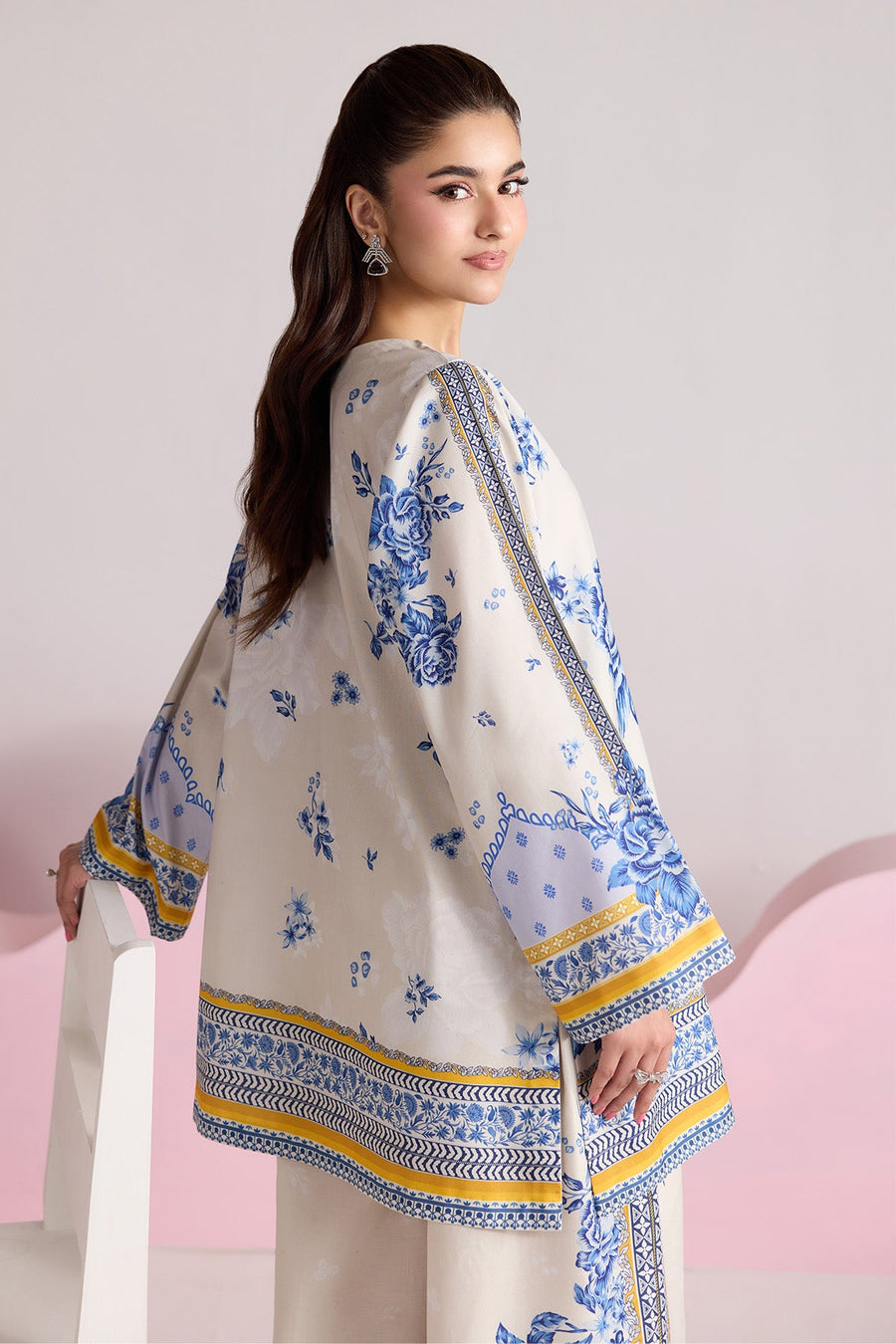 Ivory Blue Floral Printed Poly Lawn Co-Ord Set with Wide-Leg Trousers
