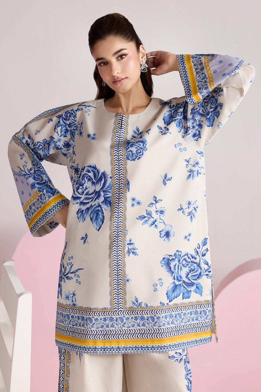 Ivory Blue Floral Printed Poly Lawn Co-Ord Set with Wide-Leg Trousers