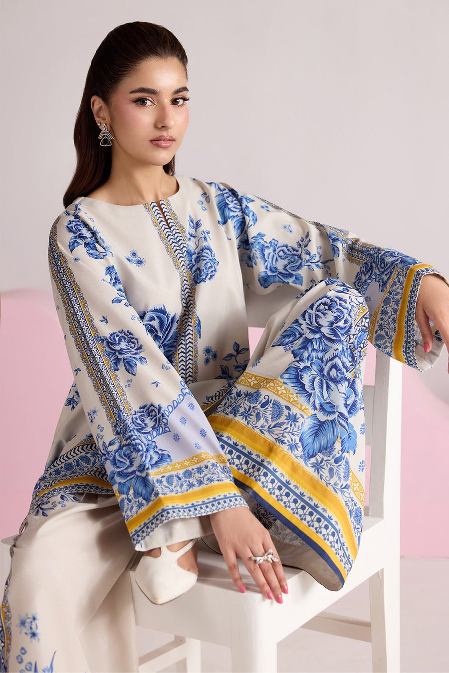 Ivory Blue Floral Printed Poly Lawn Co-Ord Set with Wide-Leg Trousers