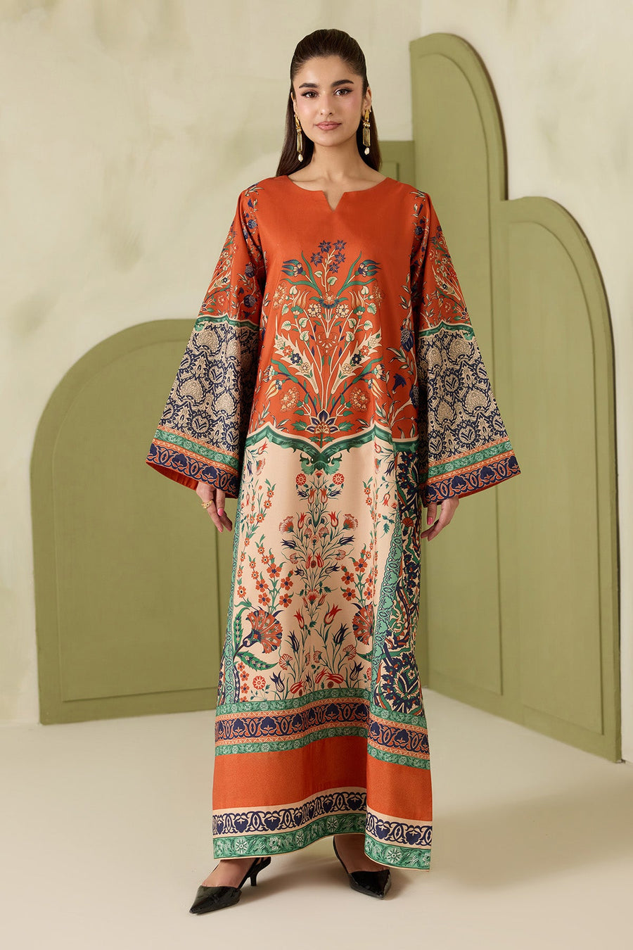Rust Orange Multicolour Printed Poly Lawn Co-Ord Set with Wide-Leg Trousers