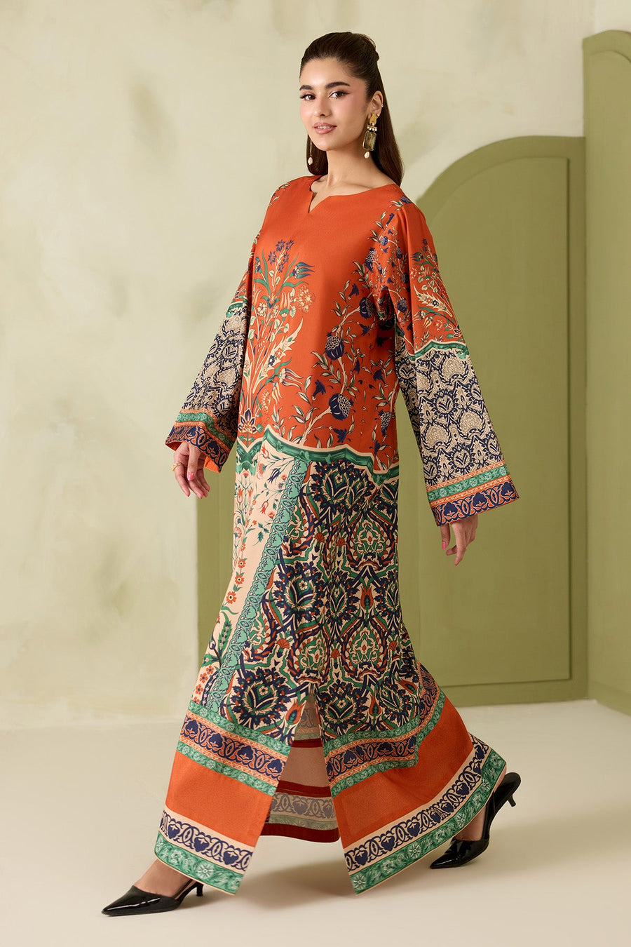 Rust Orange Multicolour Printed Poly Lawn Co-Ord Set with Wide-Leg Trousers