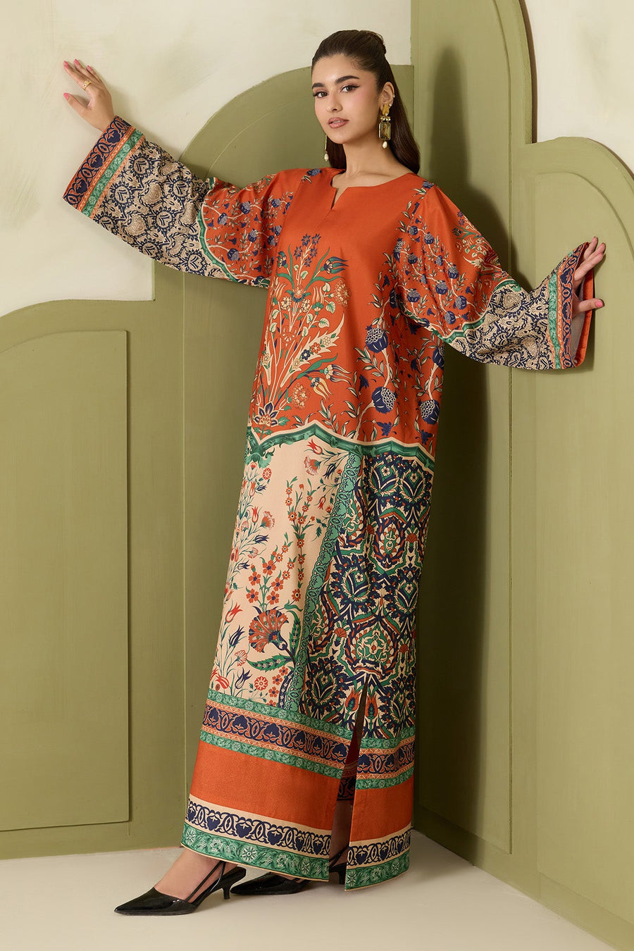 Rust Orange Multicolour Printed Poly Lawn Co-Ord Set with Wide-Leg Trousers