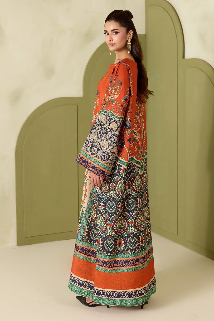Rust Orange Multicolour Printed Poly Lawn Co-Ord Set with Wide-Leg Trousers