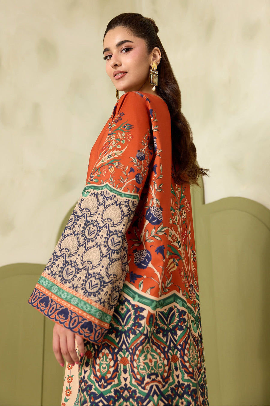 Rust Orange Multicolour Printed Poly Lawn Co-Ord Set with Wide-Leg Trousers