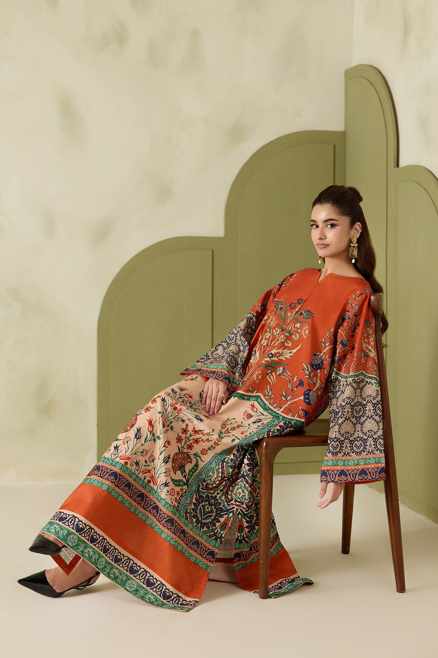 Rust Orange Multicolour Printed Poly Lawn Co-Ord Set with Wide-Leg Trousers