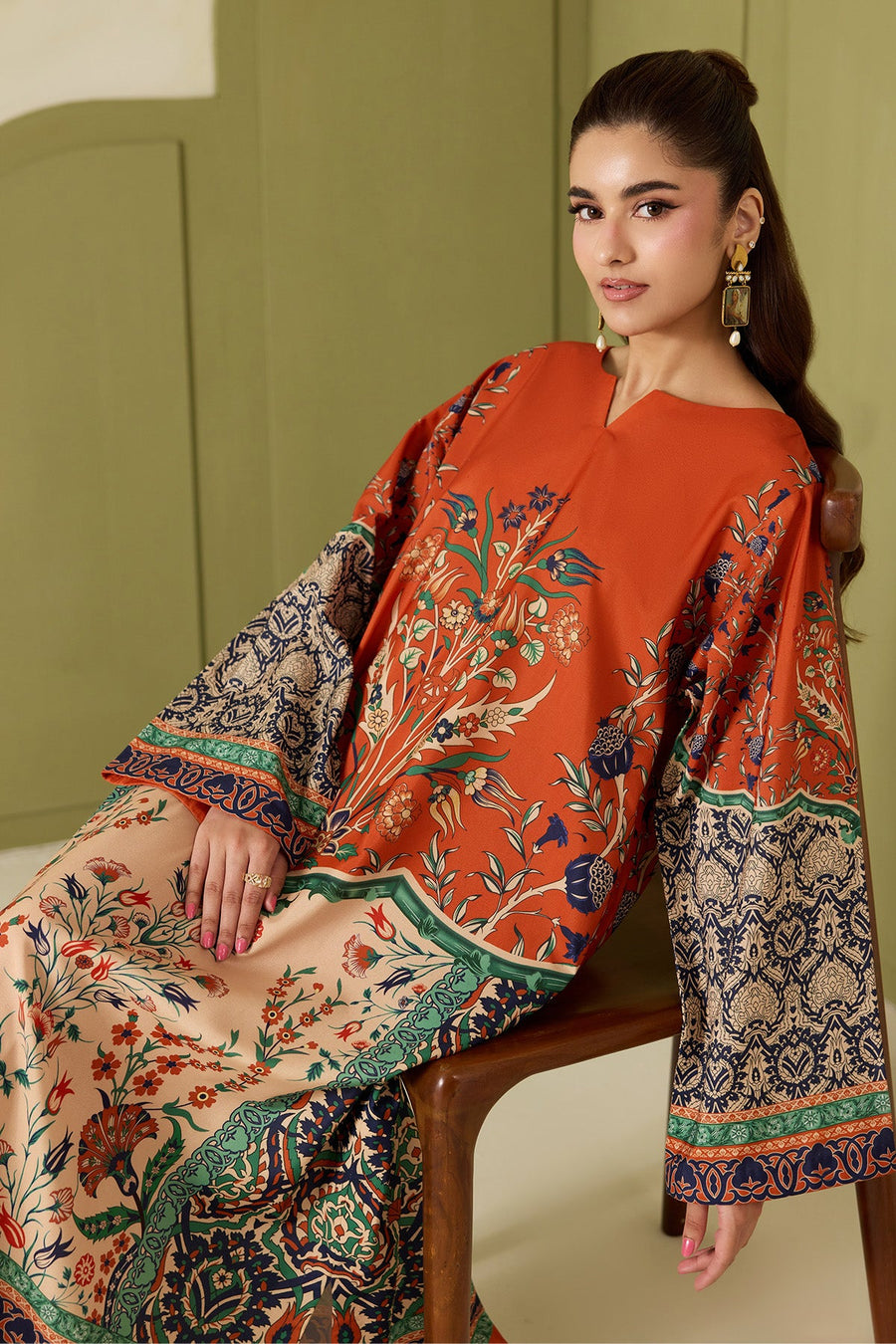 Rust Orange Multicolour Printed Poly Lawn Co-Ord Set with Wide-Leg Trousers