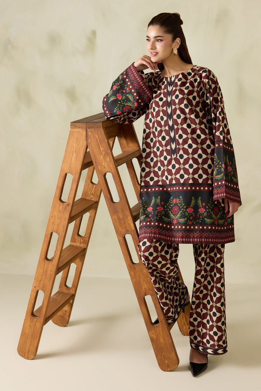 Maroon Geometric Floral Printed Poly Lawn Co-Ord Set with Wide-Leg Trousers