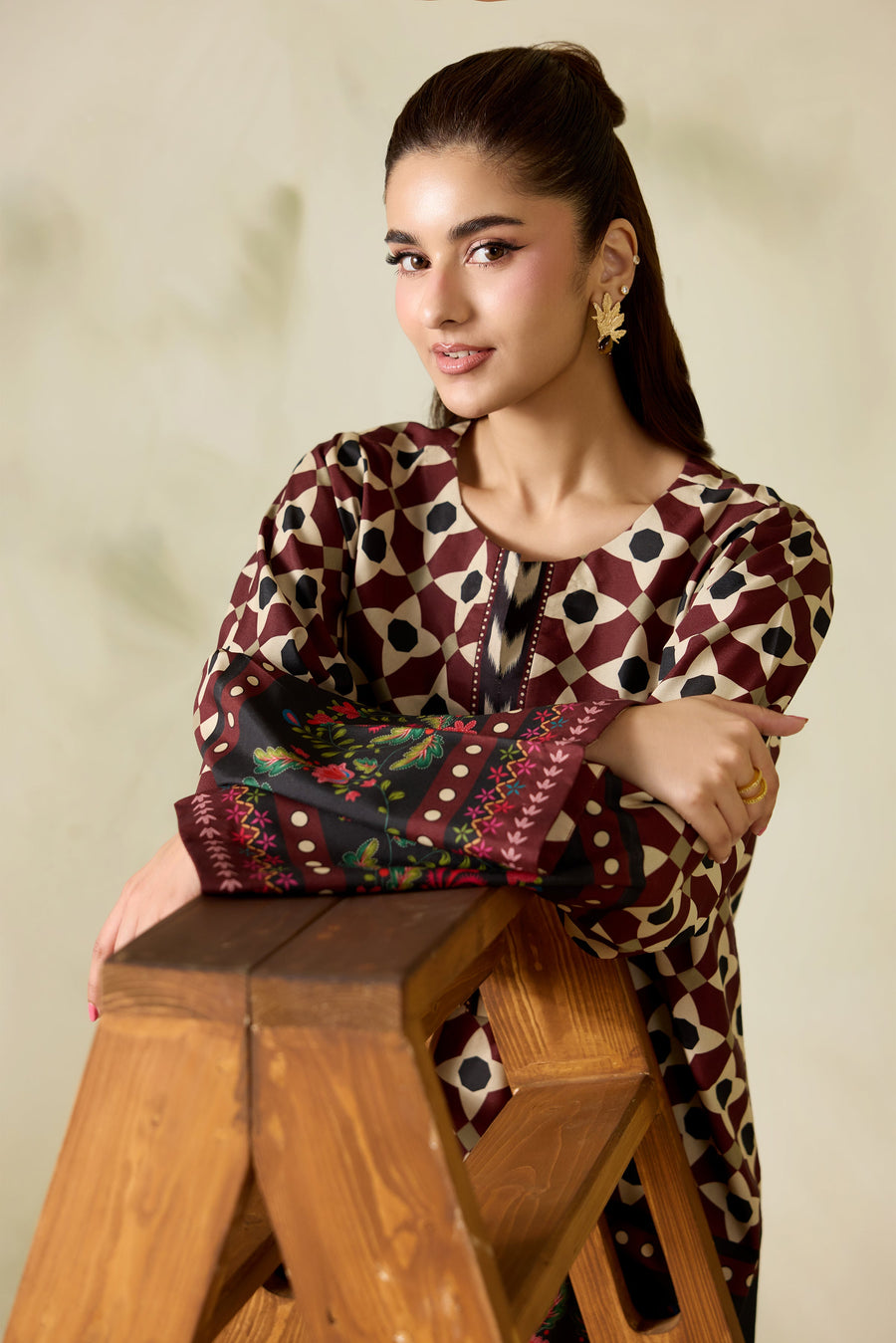 Maroon Geometric Floral Printed Poly Lawn Co-Ord Set with Wide-Leg Trousers