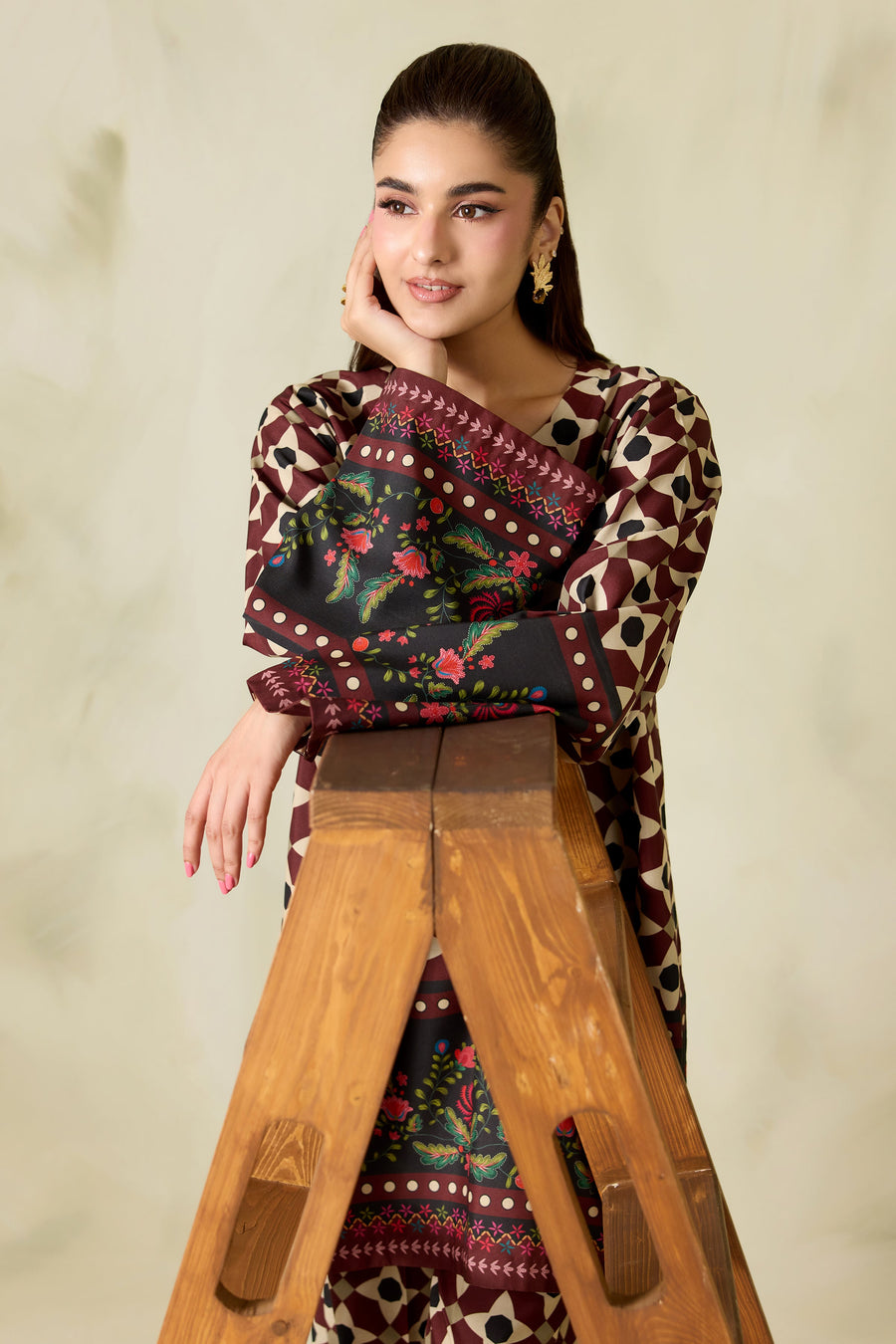 Maroon Geometric Floral Printed Poly Lawn Co-Ord Set with Wide-Leg Trousers