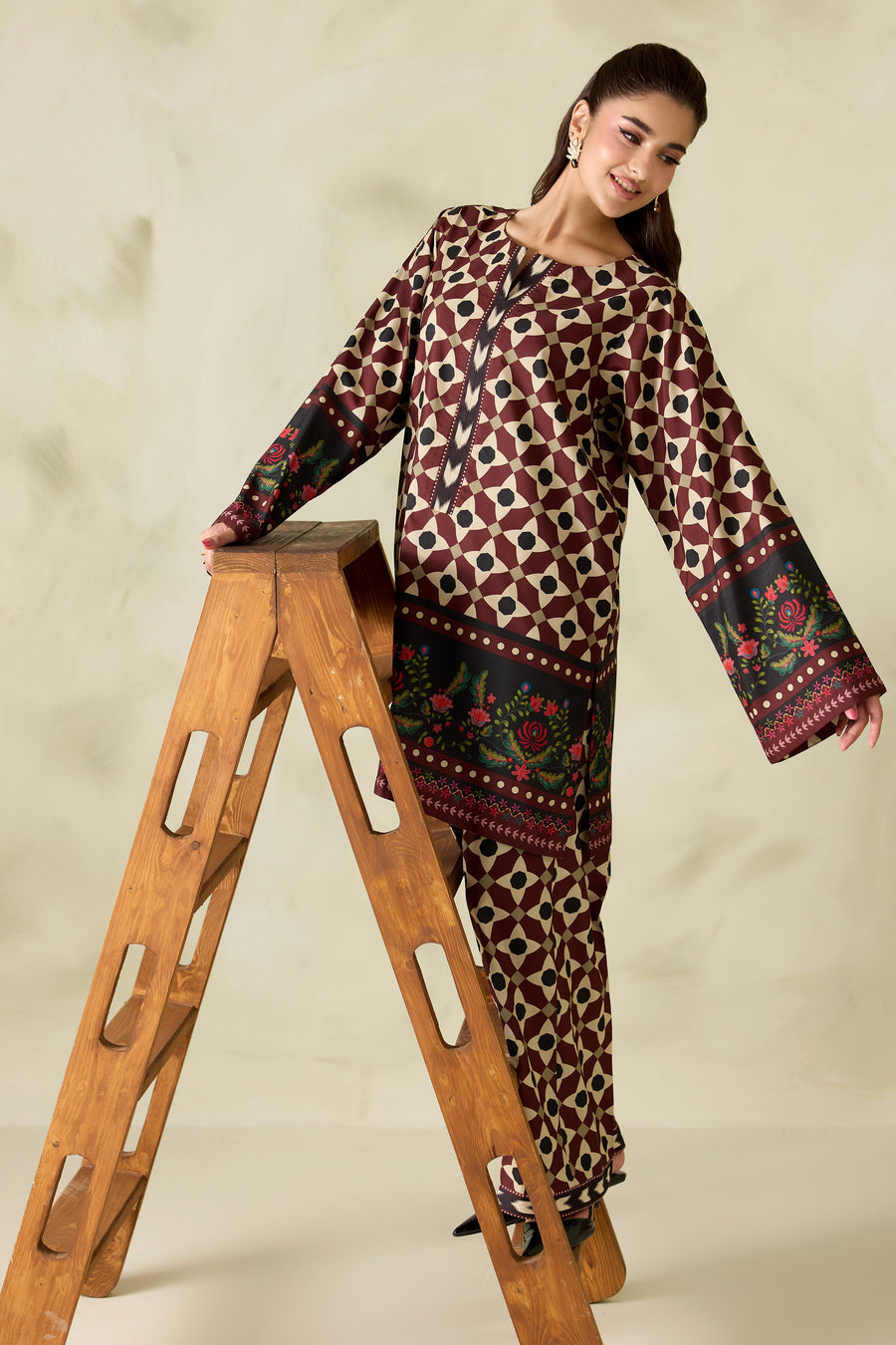 Maroon Geometric Floral Printed Poly Lawn Co-Ord Set with Wide-Leg Trousers