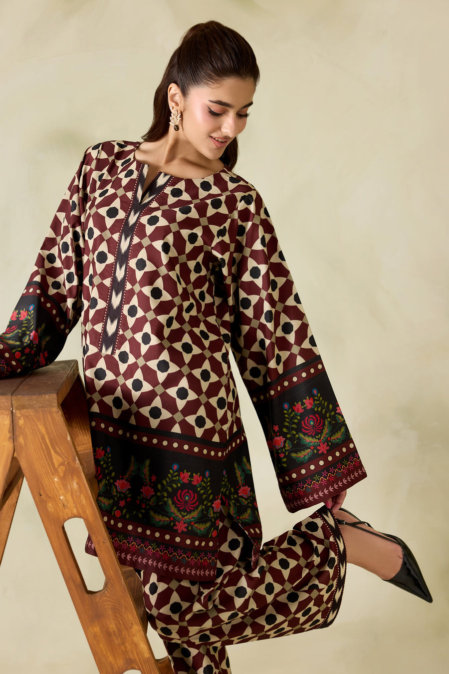 Maroon Geometric Floral Printed Poly Lawn Co-Ord Set with Wide-Leg Trousers