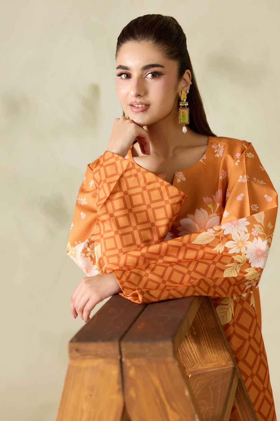 Orange Geometric Floral Printed Poly Lawn Co-Ord Set with Wide-Leg Trousers