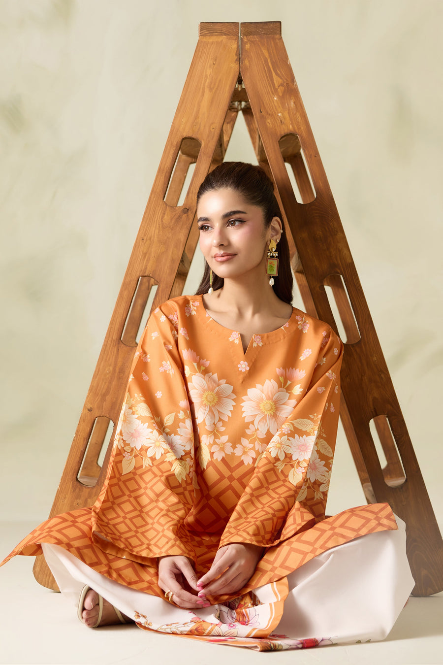 Orange Geometric Floral Printed Poly Lawn Co-Ord Set with Wide-Leg Trousers