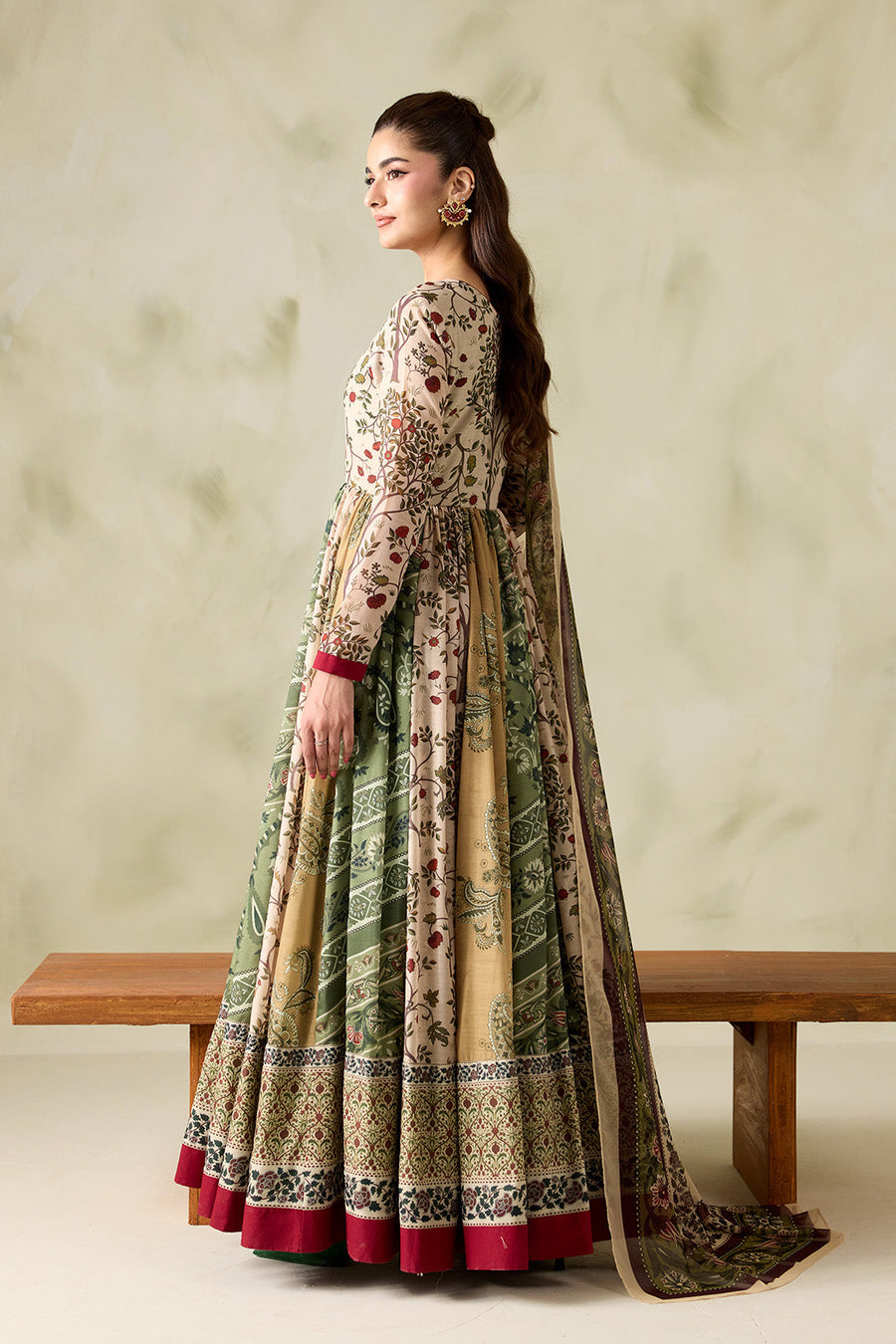 Beige and Olive Printed Poly Lawn Frock with Printed Chiffon Dupatta