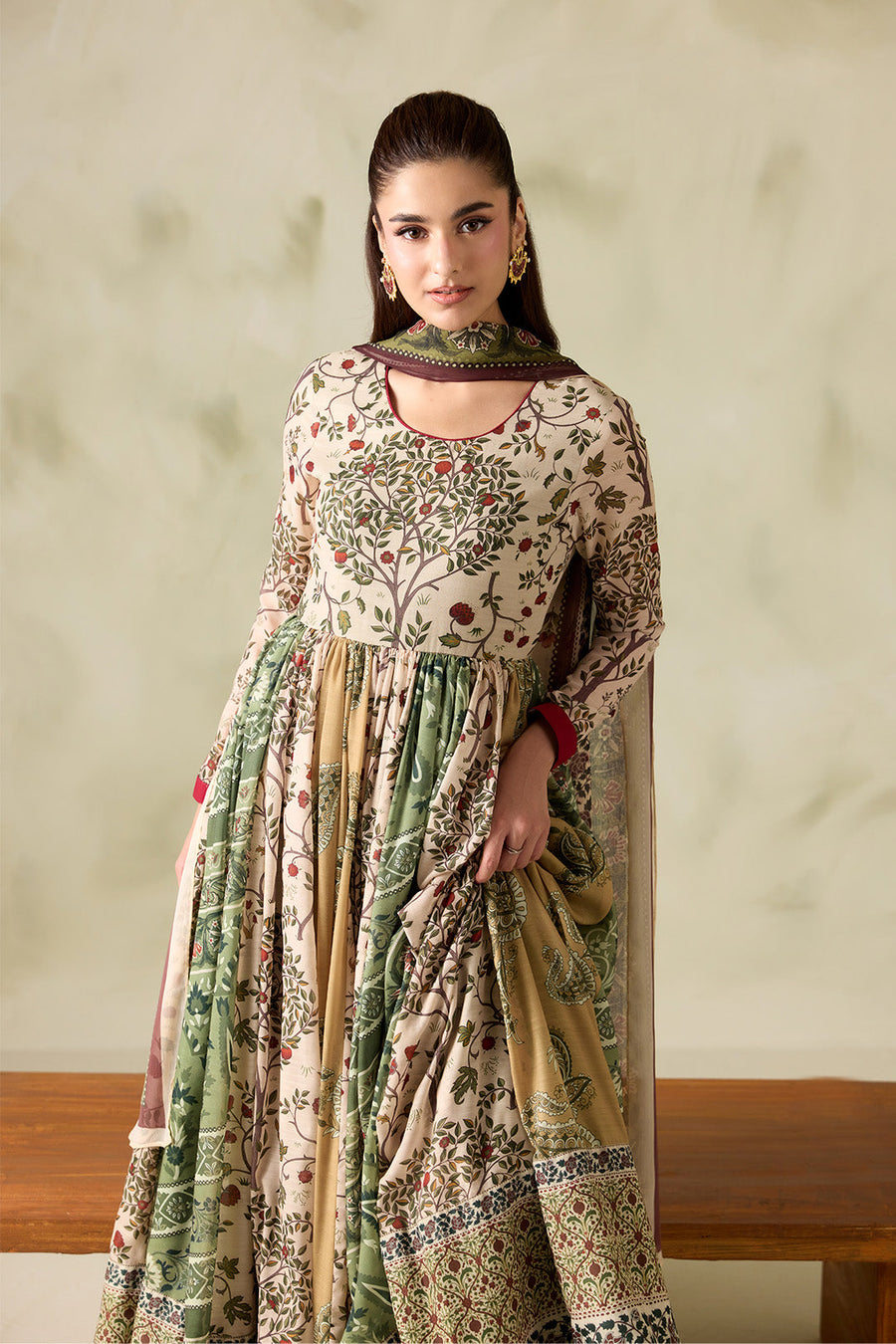 Beige and Olive Printed Poly Lawn Frock with Printed Chiffon Dupatta