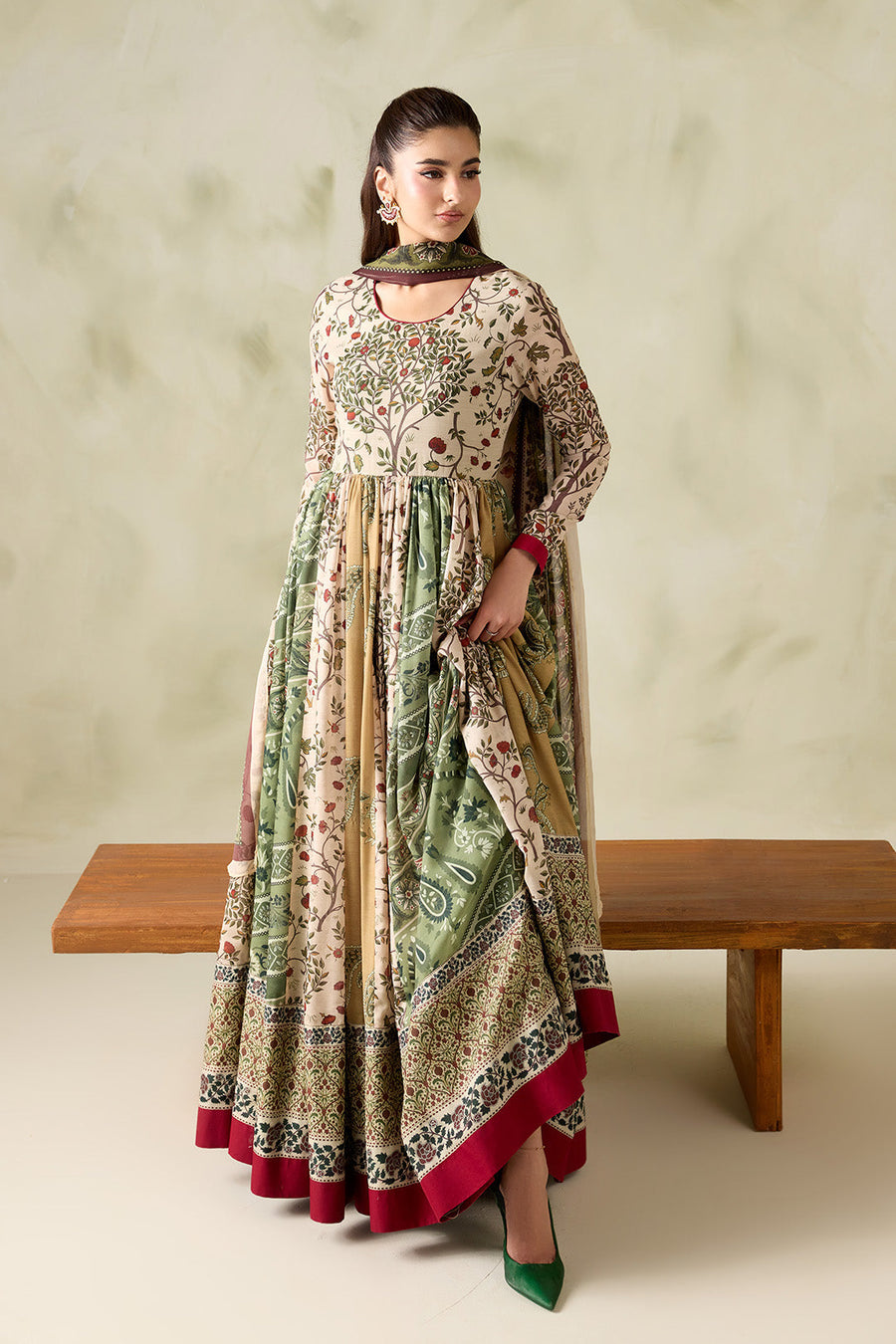 Beige and Olive Printed Poly Lawn Frock with Printed Chiffon Dupatta