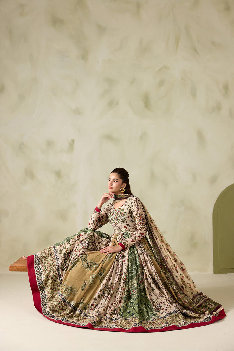 Beige and Olive Printed Poly Lawn Frock with Printed Chiffon Dupatta