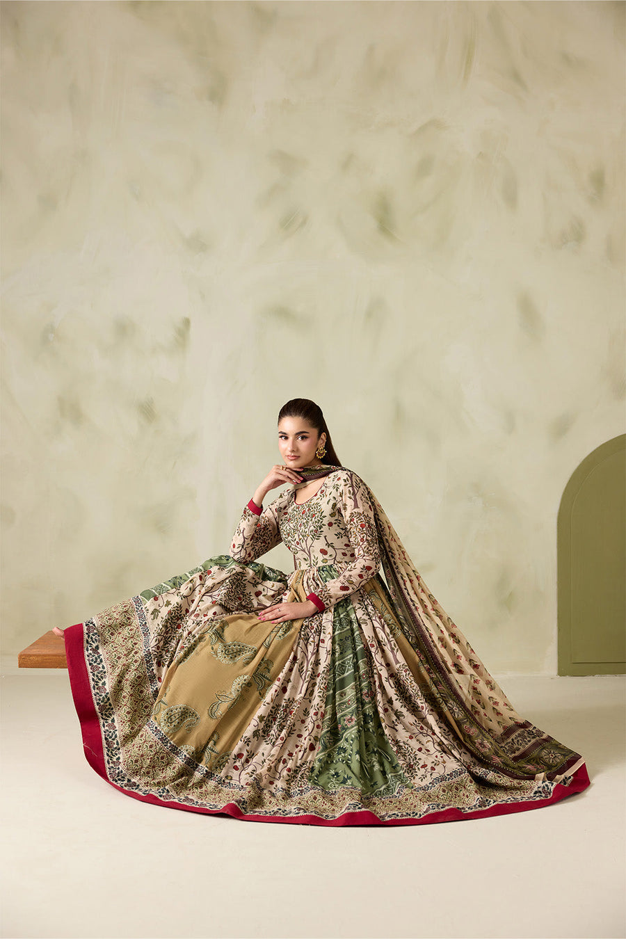 Beige and Olive Printed Poly Lawn Frock with Printed Chiffon Dupatta