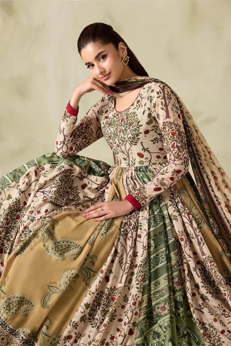 Beige and Olive Printed Poly Lawn Frock with Printed Chiffon Dupatta