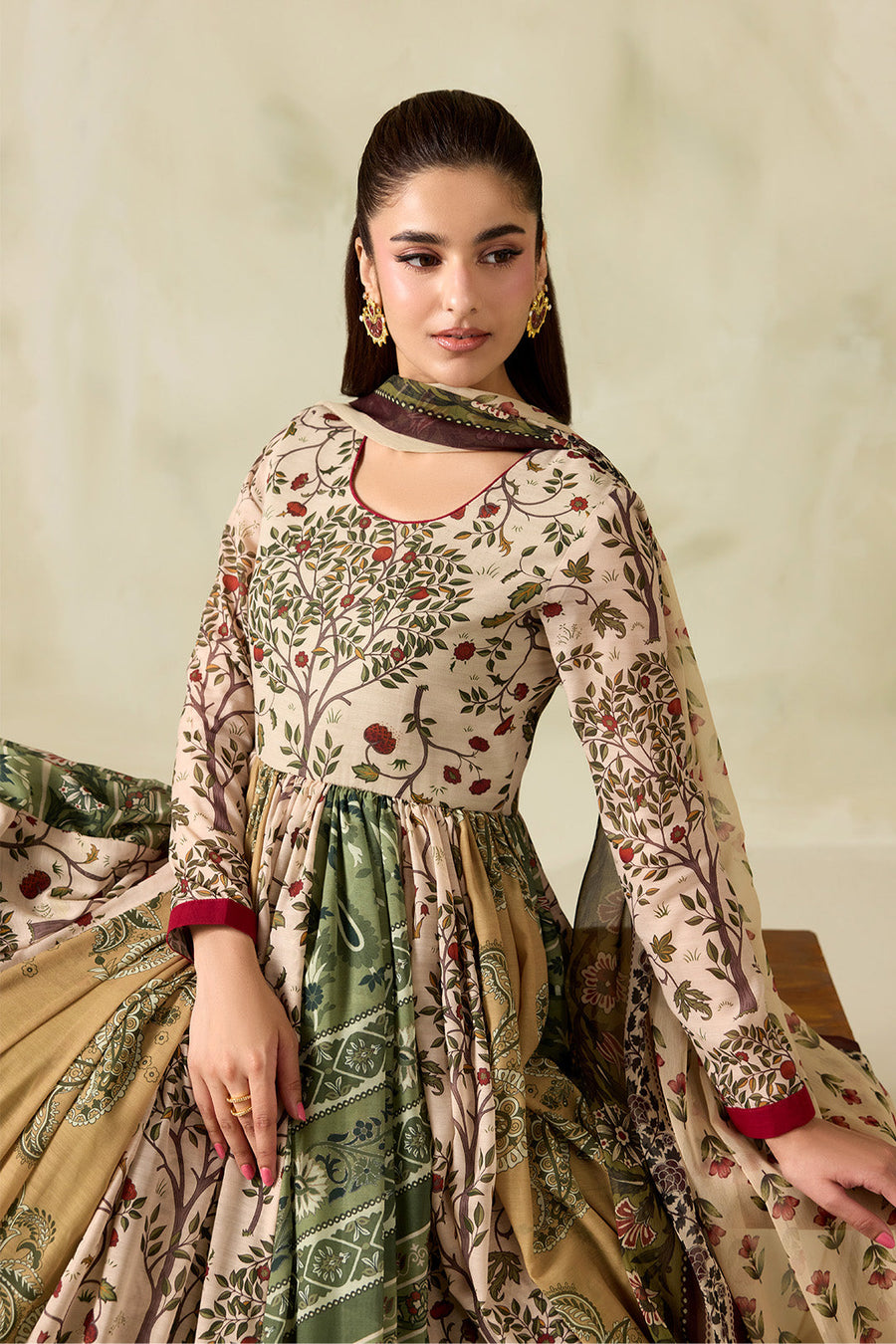 Beige and Olive Printed Poly Lawn Frock with Printed Chiffon Dupatta