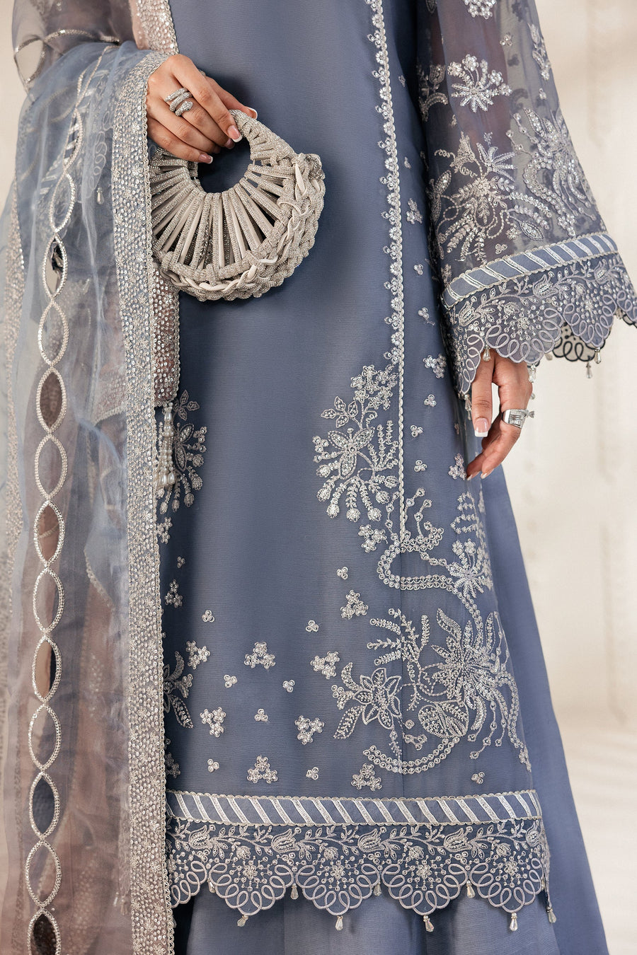 Silver Blue Sequins Embroidered Chiffon Lehenga Suit with Organza Dupatta