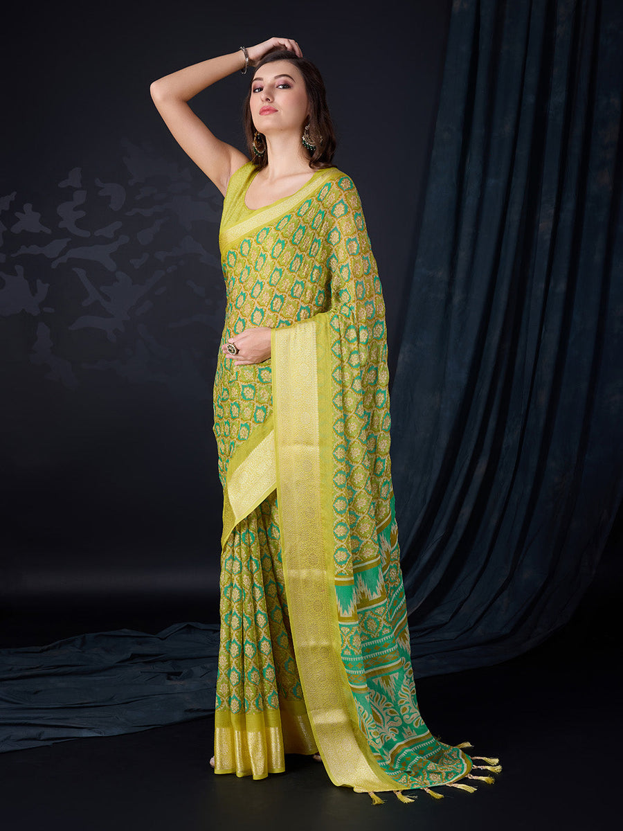 Green Chiffon Saree With Blouse Piece - Pehnaawaa
