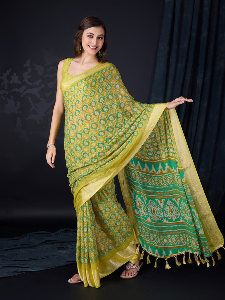 Green Chiffon Saree With Blouse Piece - Pehnaawaa