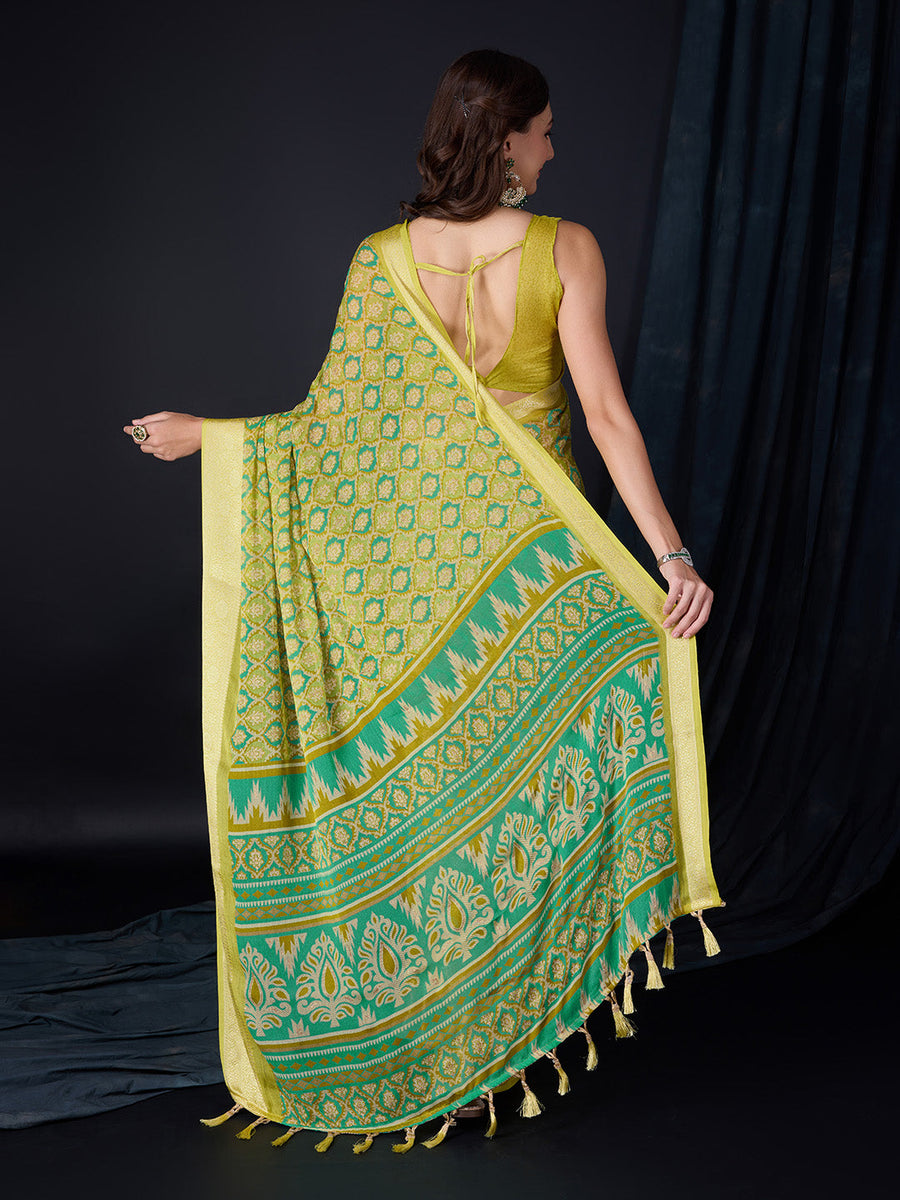 Green Chiffon Saree With Blouse Piece - Pehnaawaa