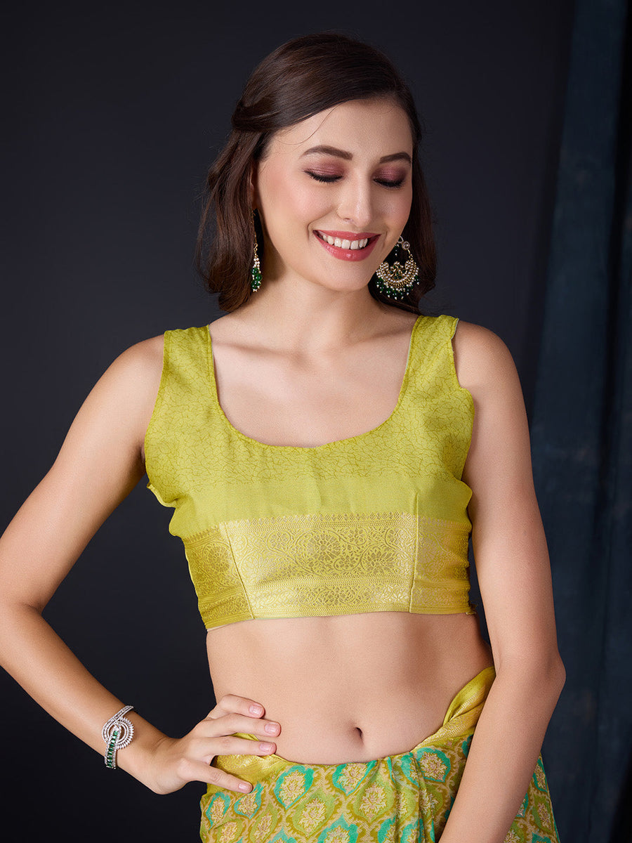 Green Chiffon Saree With Blouse Piece - Pehnaawaa