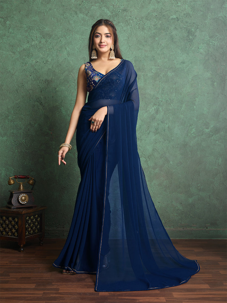 Poly Chiffon Dyed Saree With Heavy Embroidered Blouse Piece - Pehnaawaa