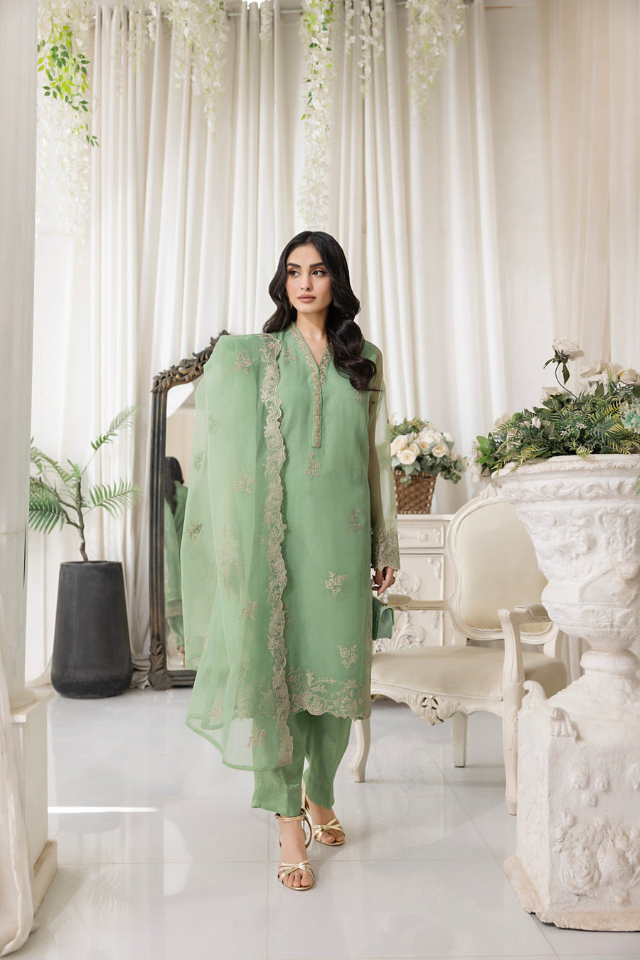 Soft Green Floral Embroidered Organza 3-Piece Ready-to-Wear Suit